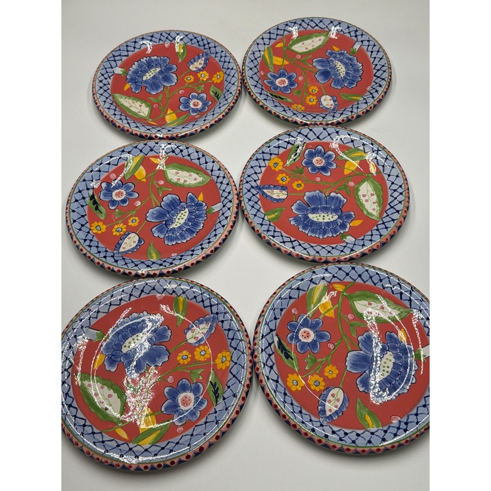 Jay Import Set of 6 Dinner Plates Floral Blue Red Yellow MCM‎ Style